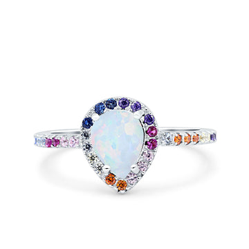 Pear Art Deco Multi Color Wedding Bridal Ring Lab Created White Opal 925 Sterling Silver
